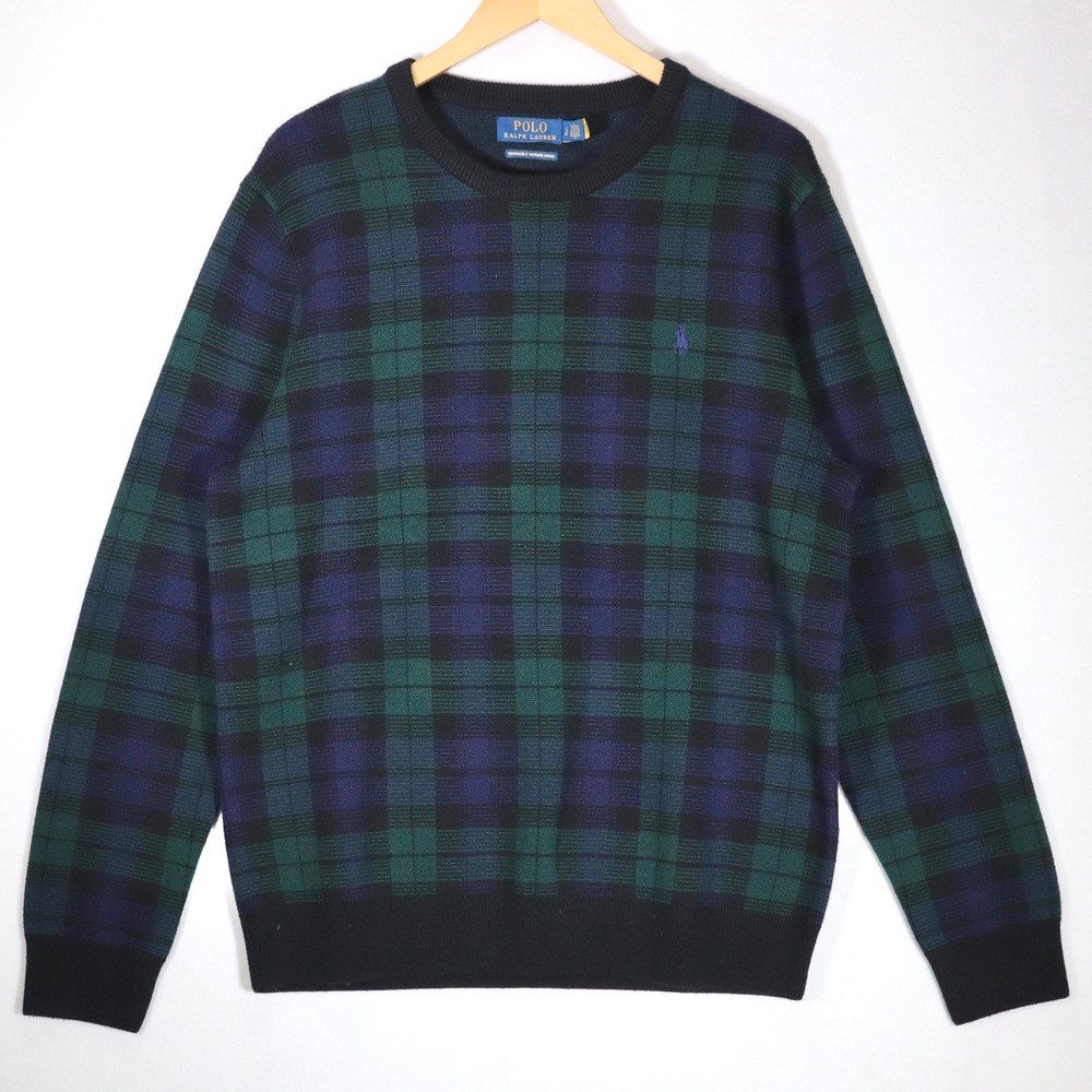 Polo Ralph Lauren Sweater Mens Large Green Plaid Wool Crewneck Pullover Casuaal
